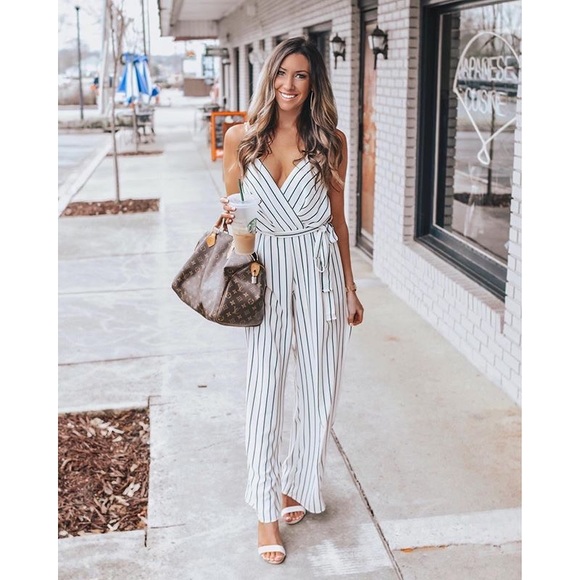 Pants - Striped black white jumpsuit v neck